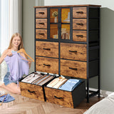 EnHomee Tall Dresser for Bedroom with 12 Drawer Dressers & Chests of Drawers for Closet with Power Outlets & LED Lights Large Dresser Organizer for Bedroom with Mesh Door, Rustic Brown EnHomee
