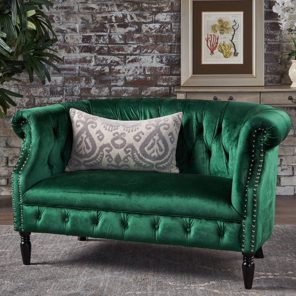 GDFStudio Melaina Tufted Chesterfield Velvet Loveseat with Scrolled Arms, Emerald and Dark Brown. GDFStudio