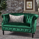 GDFStudio Melaina Tufted Chesterfield Velvet Loveseat with Scrolled Arms, Emerald and Dark Brown. GDFStudio