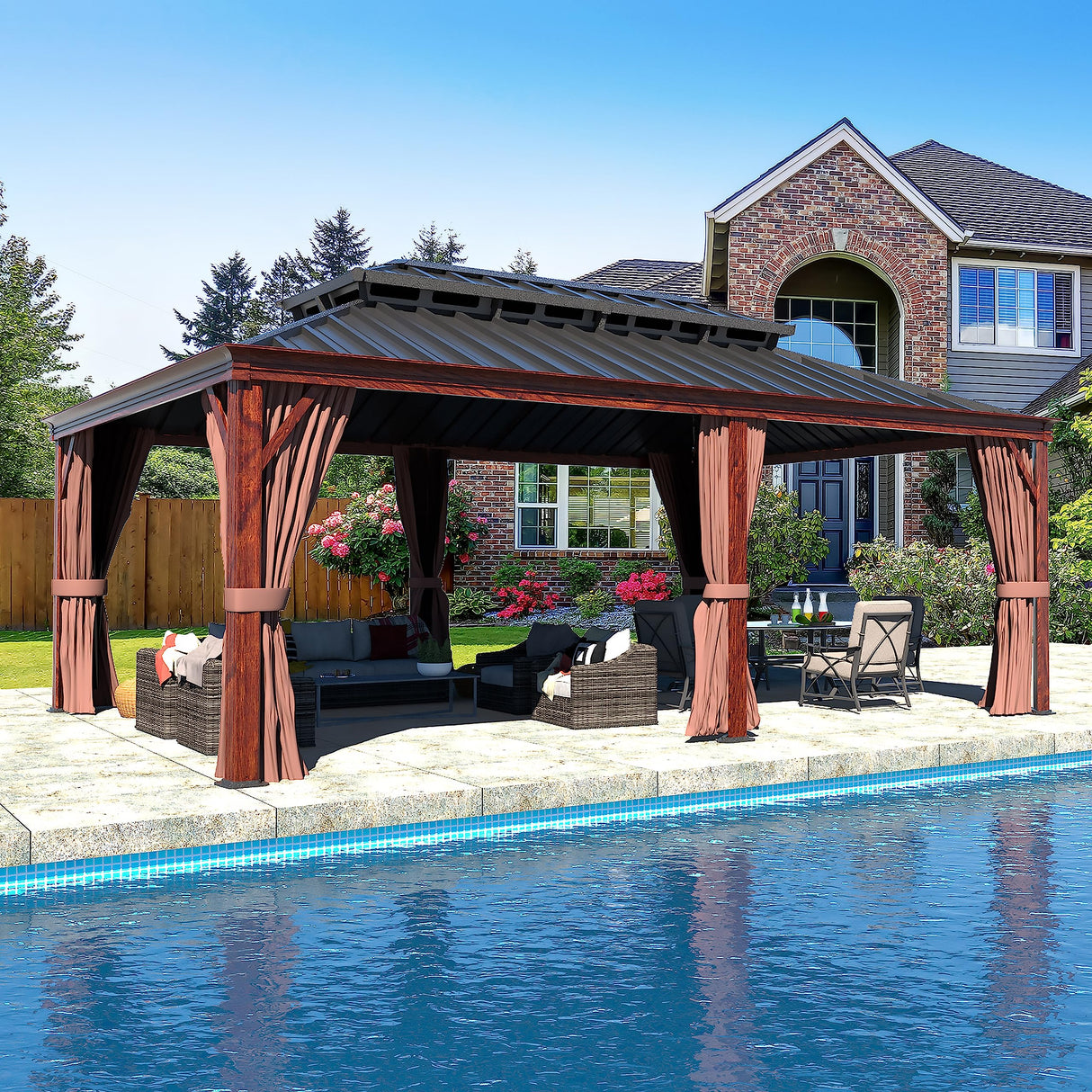 MUPATER 12 x 20 FT Gazebo, Wooden Finish Coated Aluminum Frame, with Double Galvanized Steel Hardtop Roof, Netting and Curtains for Garden, Patio Lawn and Parties MUPATER