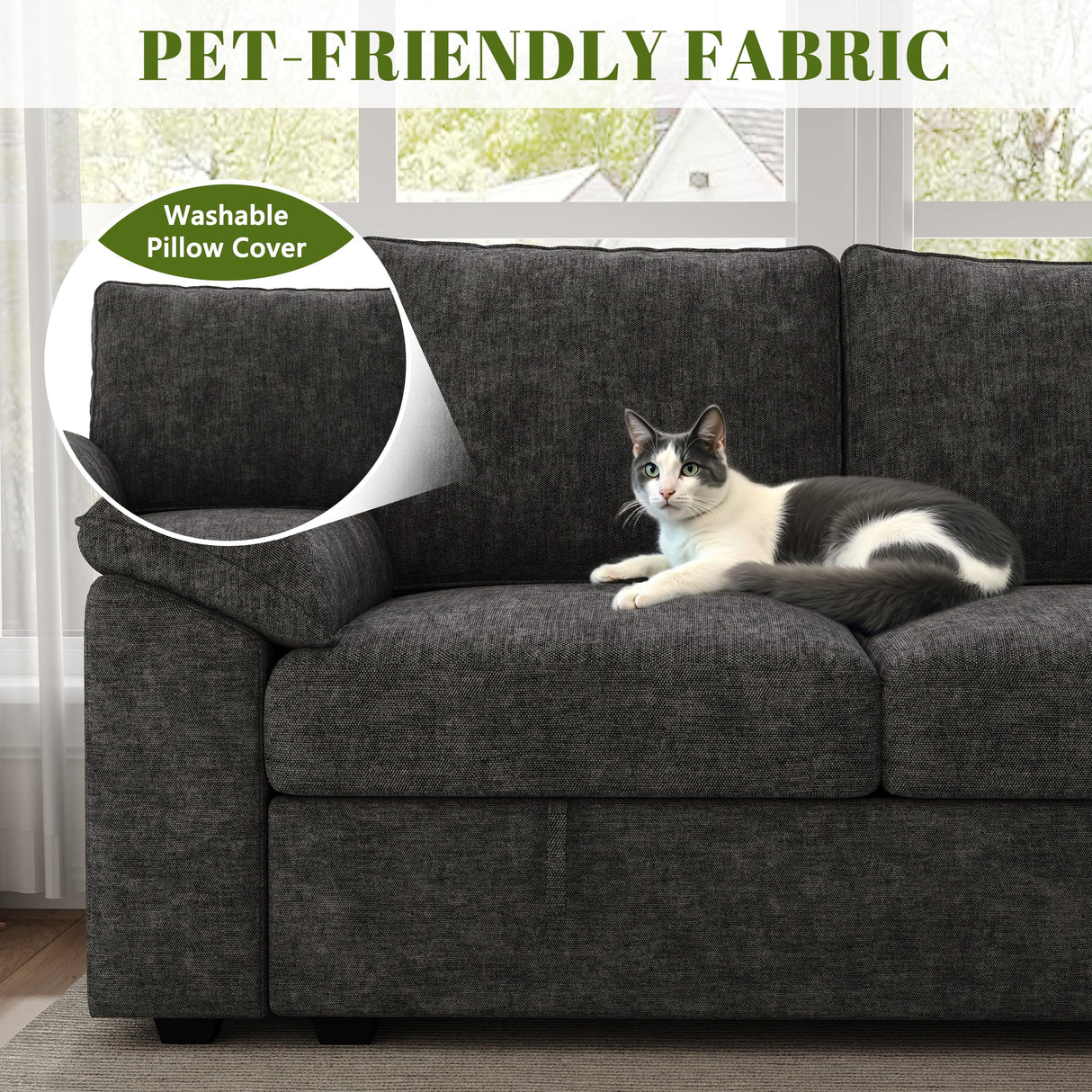 SUAWY 108 Inch Sectional Sleeper Sofa with Pull Out Bed,U Shaped 7 Seat Modular Sectional Sofa with Storage,Sectional Couches for Living Room,Cloud Modular Couch,Removable Sofa Cover,Dark Grey SUAWY