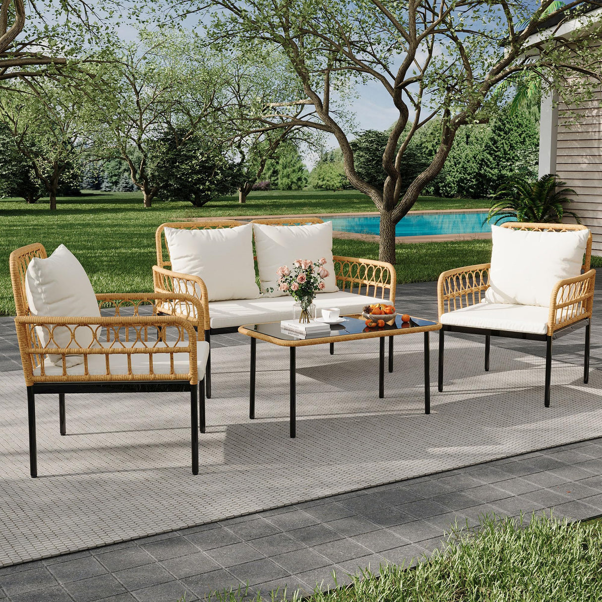 IDEALHOUSE 4-Piece Outdoor Patio Furniture Set, All-Weather PE Rattan Wicker Loveseat & Chairs with Glass Coffee Table & Steel Frame, Boho Conversation Set for Patio, Balcony, Backyard, Beige IDEALHOUSE