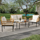 IDEALHOUSE 4-Piece Outdoor Patio Furniture Set, All-Weather PE Rattan Wicker Loveseat & Chairs with Glass Coffee Table & Steel Frame, Boho Conversation Set for Patio, Balcony, Backyard, Beige IDEALHOUSE
