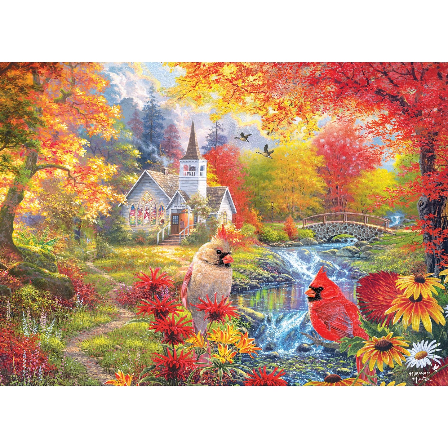 RoseArt - Abraham Hunter Cork Puzzle - Secluded Church in Fall - 1000 Piece Jigsaw Puzzle for Adults