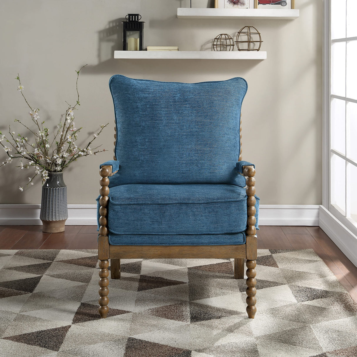 OSP Home Furnishings Fletcher Spindle Accent Chair with Rustic Brown Finish, Navy Blue Upholstery OSP Home Furnishings