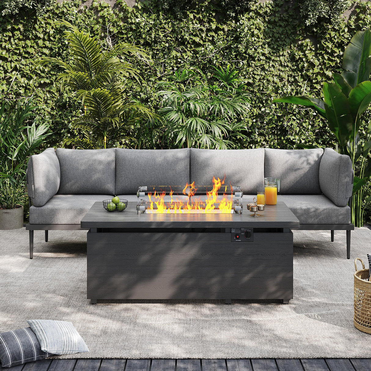 Sundale Outdoor 5 Pieces Metal Patio Furniture Set with Fire Pit Table, Outdoor Sectional Sofa w/6 Inch Olefin Cushion, Modern Outdoor Conversation Sets Sundale Outdoor