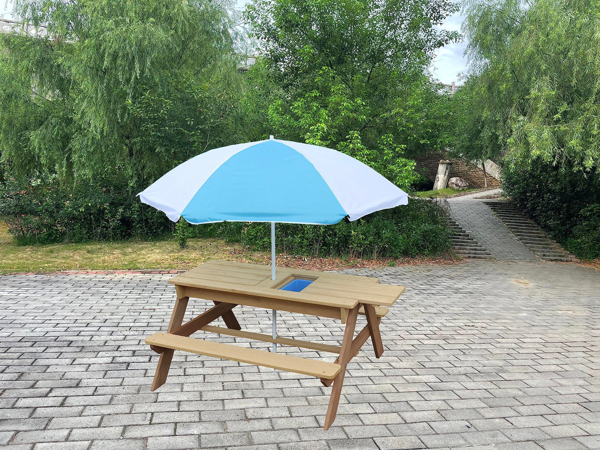BTExpert Kids 3-in-1 Sand Water Activity Table Wooden Outdoor Convertible Picnic Table Bench Adjustable Umbrella Removable Top 2 Play Boxes Toy Set 37 x 35 in BTEXPERT