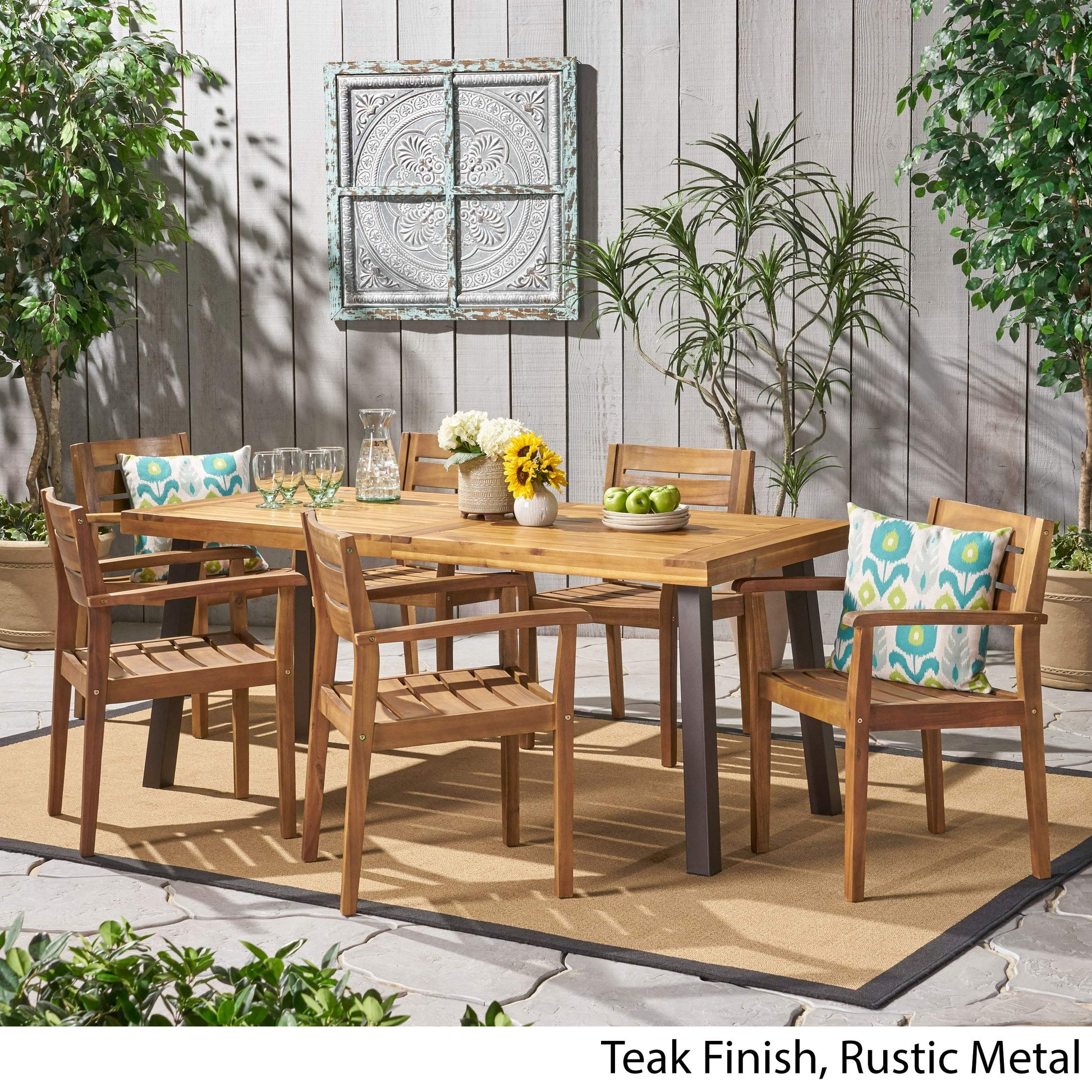 Christopher Knight Home Avon Outdoor Acacia Wood Dining Set, 7-Pcs Set, Teak Finish With Rustic Metal Accents - WoodArtSupply