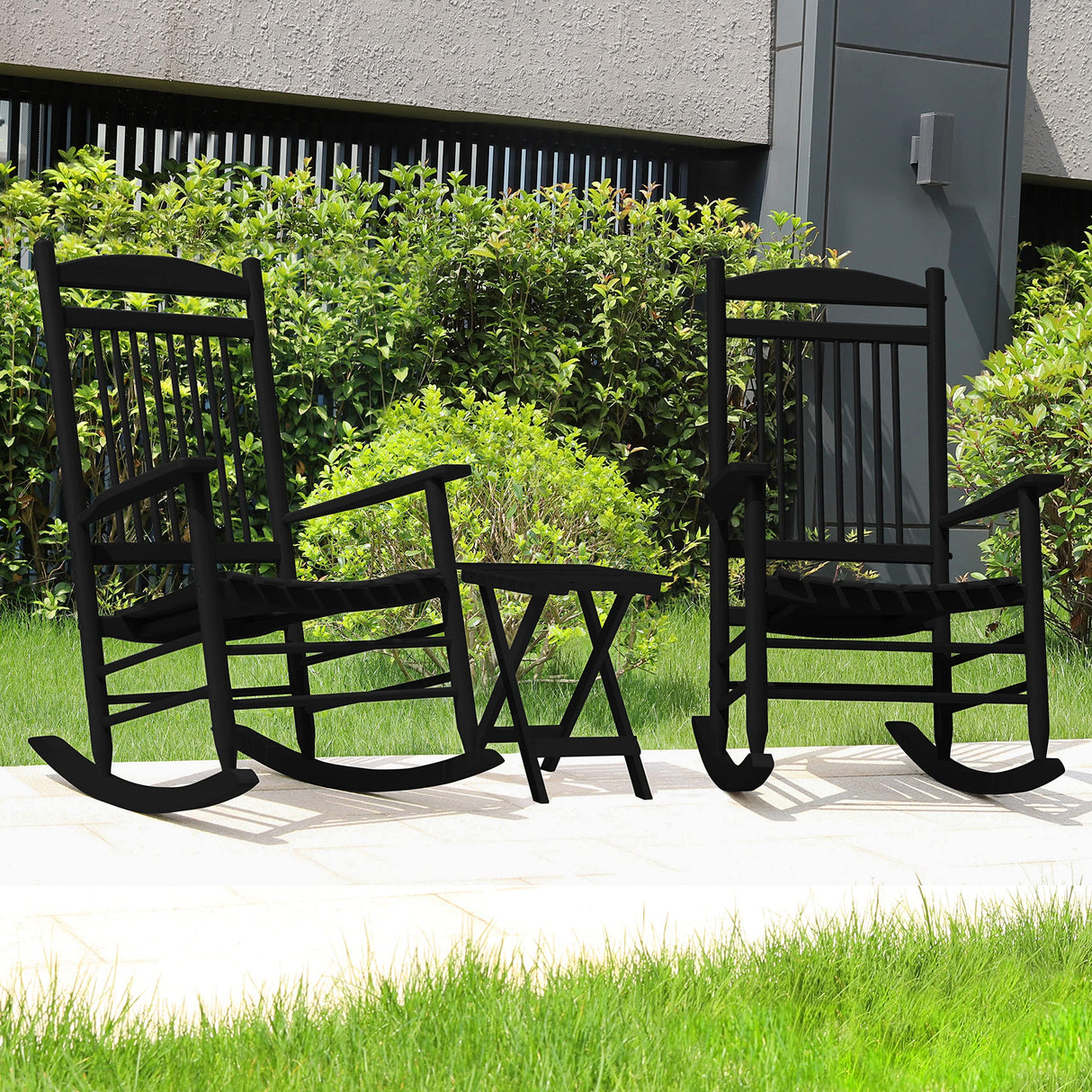 VEIKOU Rocking Chair, Set of 3 Outdoor Rocking Chair with Side Table,275Lbs Weight Capacity,Wooden Rocking Chair for Porch, Backyard, Indoor, Black VEIKOU