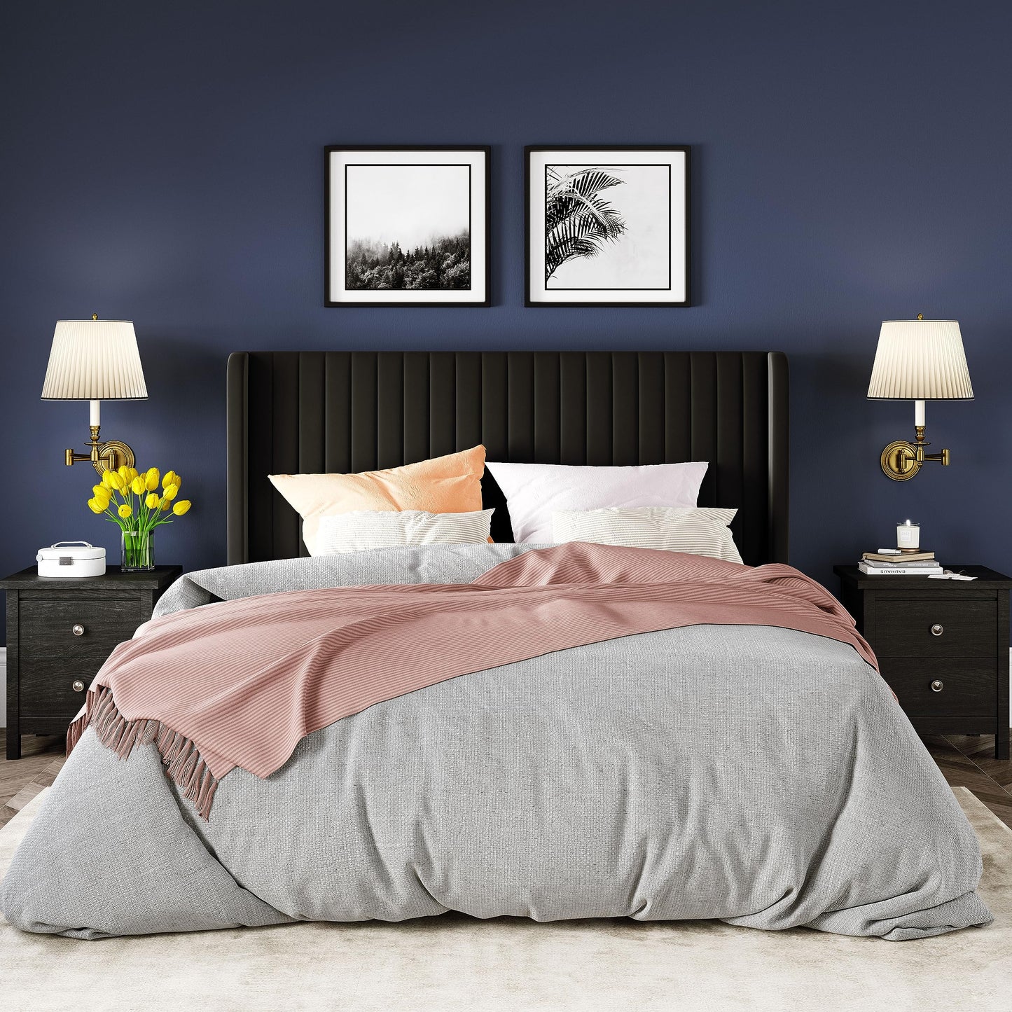 Allewie Queen Size Black Velvet Bed Frame with Wingback Headboard and Wooden Slats - WoodArtSupply