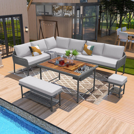 Merax 6 Piece Rope Patio Furniture L-Shaped Set, Outdoor Sectional Sofa Set with Acacia Wood Table with Ice Box, Rope Benches, Rope Conversation Set with Deep Seating & Thick Cushion for Couch,Grey Merax