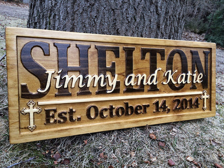 Personalized Cross Décor Family Name Signs Custom Wedding Gift Wood Carved Sign Last Name Established 3D Wood Plaque Couple 5 Year Anniversary Gift Religious Gift 3D Woodworker
