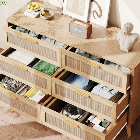 Rovaurx 6 Drawer Double Dresser for Bedroom, Rattan Chest of Dressers, Modern Wooden Dresser Chest with Golden Handles, Beside Table for Closet, Living Room and Entryway, Natural RDG001M Rovaurx