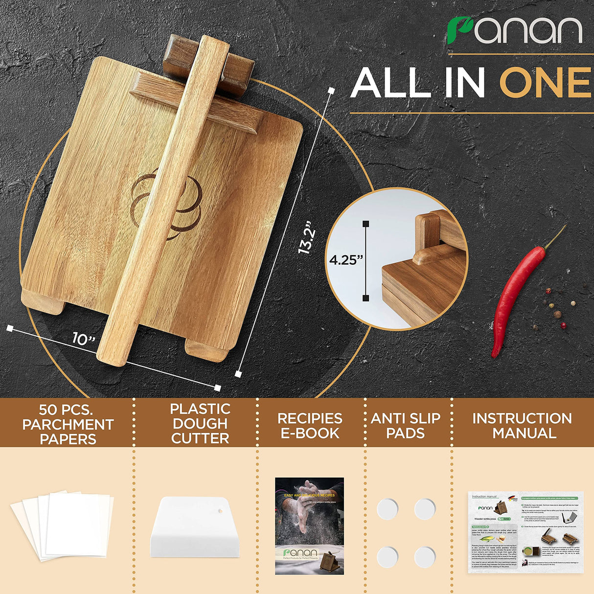 panan Wooden Tortilla Press Mexican Tortillera Presser Made from Natural Food-Grade Acacia Wood - Large Wood Pataconera with 50 Pieces Parchment Paper, Dough Cutter and Recipes eBook (Square 10") panan