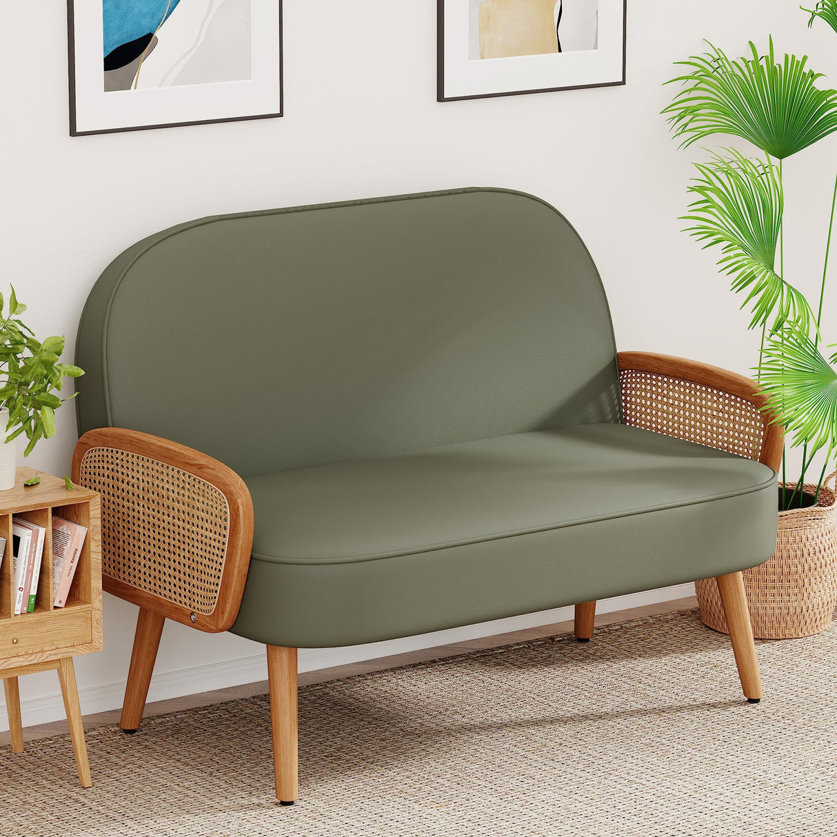 Aklaus 45" W Faux Leather Small loveseat with Natural Rattan Arms,Upholstered Modern Mini Sofa Couch Love Seat Settee Bench with Back for Living Room Bedroom Office Small Space Entryway Green Aklaus
