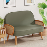 Aklaus 45" W Faux Leather Small loveseat with Natural Rattan Arms,Upholstered Modern Mini Sofa Couch Love Seat Settee Bench with Back for Living Room Bedroom Office Small Space Entryway Green Aklaus