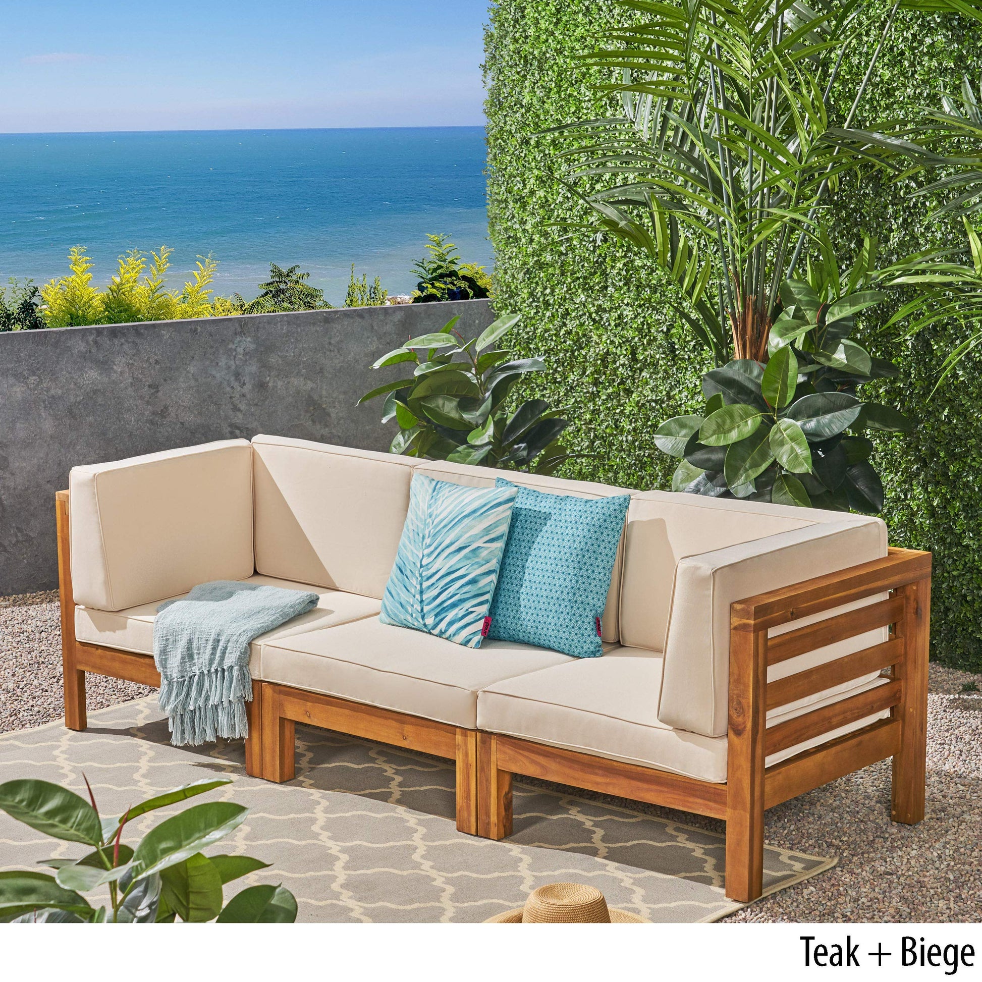 Great Deal Furniture Dawson Outdoor Sectional Sofa Set - 3-Seater - Acacia Wood - Outdoor Cushions - Teak and Beige - WoodArtSupply