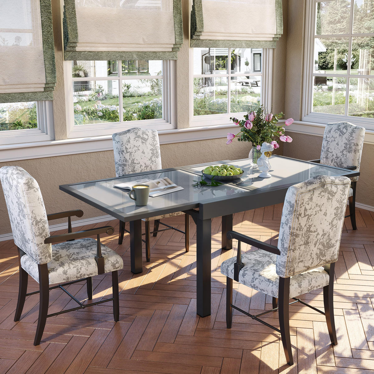 PATIOHIT Modern Aluminum Outdoor Dining Table - Expandable Patio Glass Dining Table for 6-8, Extendable Aluminum Patio Extender Table 35" to 70" for Backyard, Porch, Deck, Garden, Tempered Glass Gray PATIOHIT