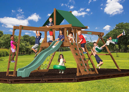 Creative Playthings Northbridge Pack 2 Wooden Swing Set (Made in The USA), includes Climbing Wall for Kids, Playground Swings & Slide, Monkey Bars and Tire Swing, 22x12x11 ft