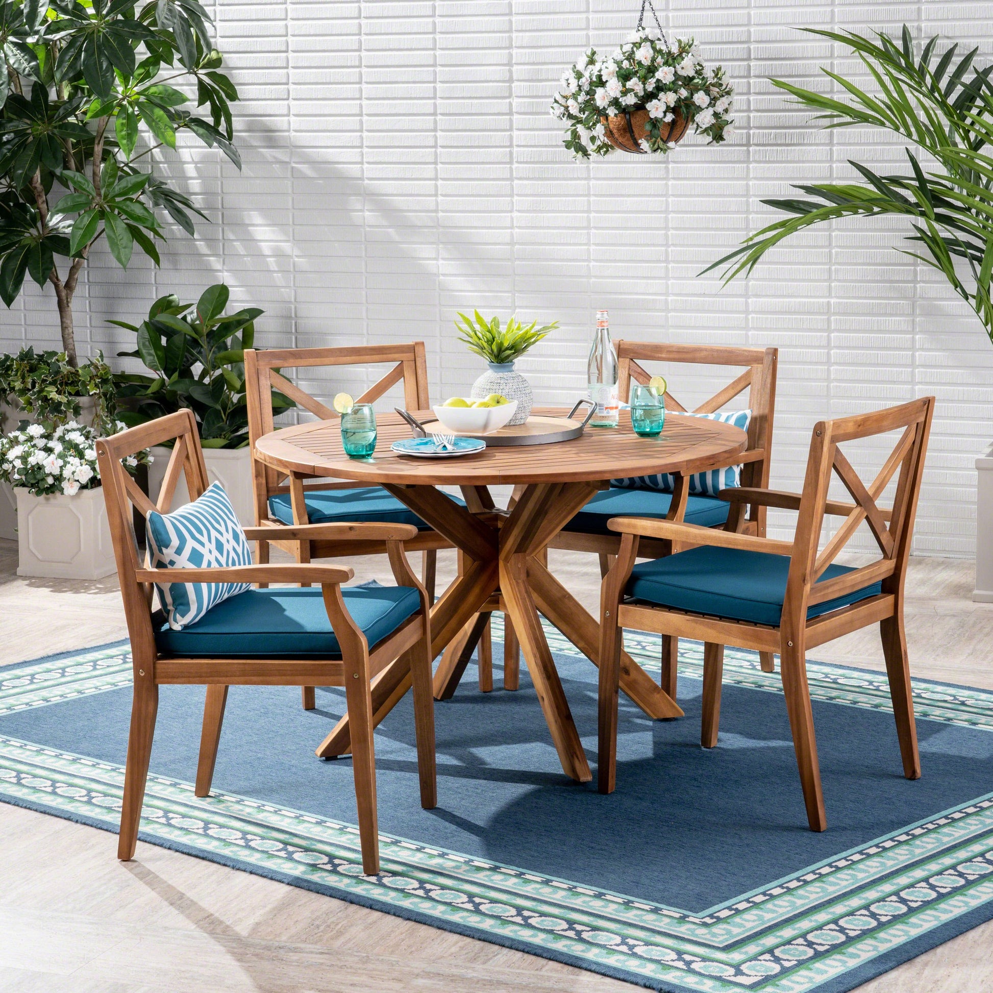 Christopher Knight Home Jordan Outdoor 5 Piece Acacia Wood Dining Set, Teak Finish/Blue - WoodArtSupply