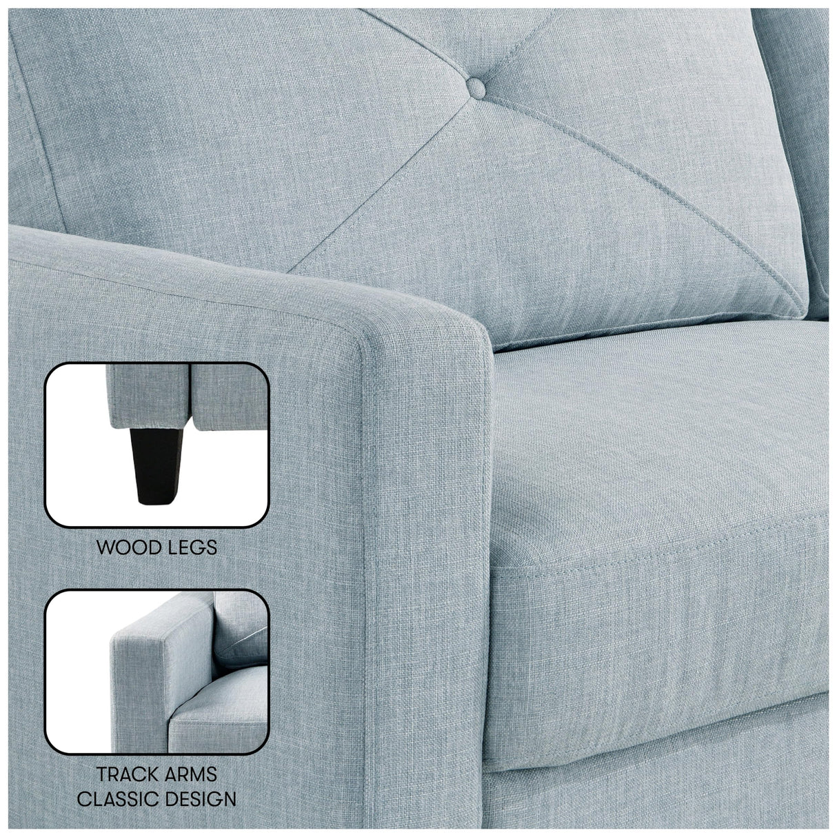 Serta® Lindbergh 70.5" Modern Transitional Sofa, Tufted Back Cushion, Square Track Arms, Solid Wood Legs, Dream Coil® Comfort, Woven Polyester Fabric, Light Gray Serta