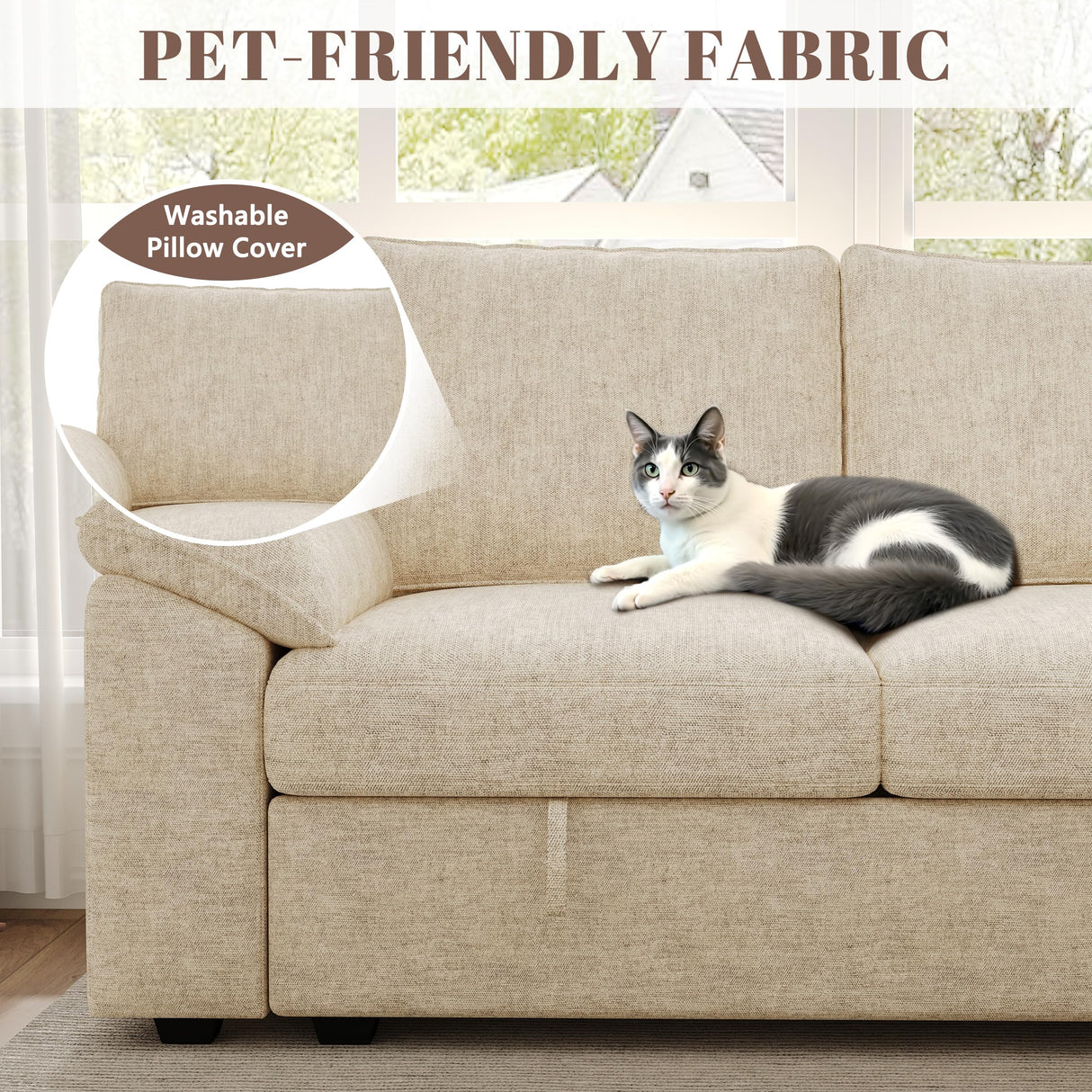 SUAWY 108 Inch Modular Sectional Sofa with Pull Out Bed,U Shaped 7 Seat Sectional Sleeper Sofa with Storage,Sectional Couches for Living Room,Cloud Modular Couch,Removable Sofa Cover,Beige SUAWY