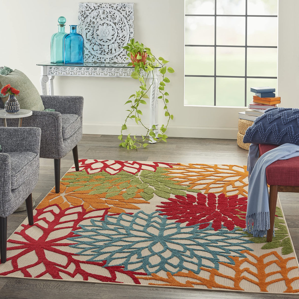 Nourison Aloha Indoor/Outdoor Green 5'3" x 7'5" Area Rug, Tropical, Botanical, Easy Clean, Non Shedding, Bed Room, Living Room, Dining Room, Deck, Backyard, Patio (5x7) Nourison