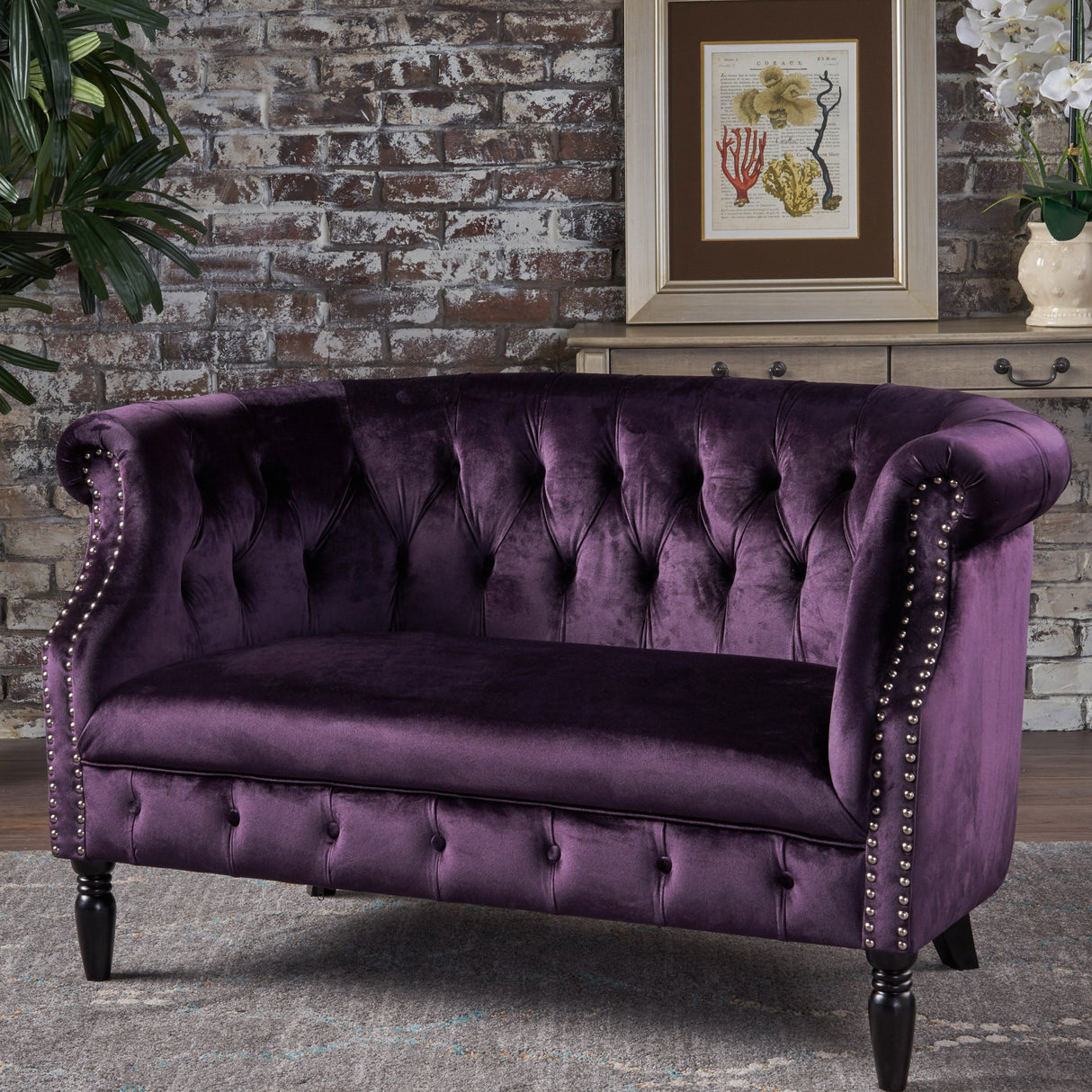 Christopher Knight Home GDFStudio Melaina Tufted Chesterfield Velvet Loveseat with Scrolled Arms, BlackBerry and Dark Brown GDFStudio