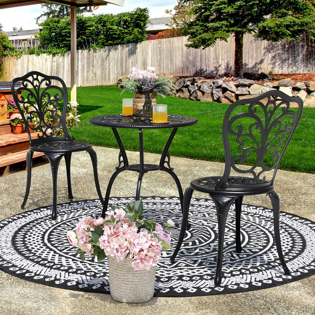 NUU GARDEN 3 Piece Bistro Set Outdoor, All Weather Cast Aluminum Patio Bistro Sets Patio Table and Chairs Set of 2 with Umbrella Hole for Yard, Balcony, Black, Butterfly Backrest NUU GARDEN
