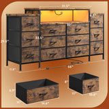 EnHomee 55" W Dresser for Bedroom with LED Lights & Charging Station 12 Drawer Dressers & Chests of Drawers Dresser TV Stand for Bedroom for Hanging 65" TV, Metal Frame & Fabric Drawers, Rustic Brown EnHomee
