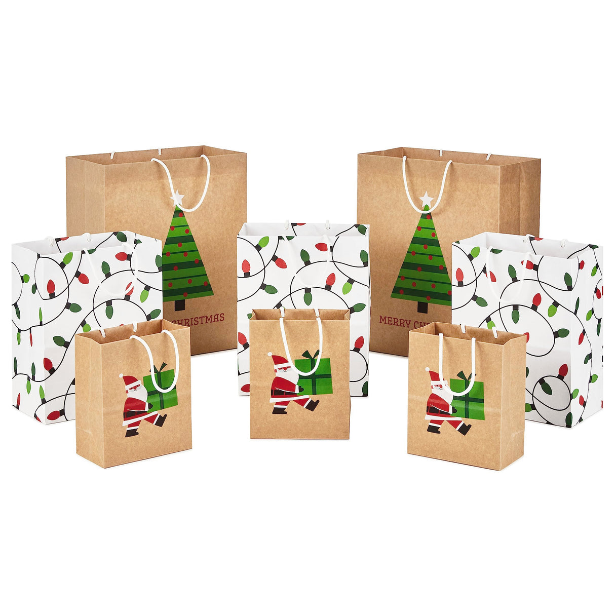 Hallmark Christmas Gift Bags for Kids (8 Bags: 3 Small 6", 3 Medium 9", 2 Large 13") Recyclable Kraft with Santa, Lights and Tree Hallmark