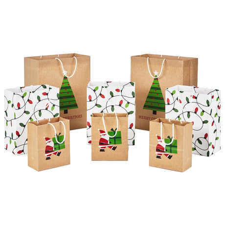 Hallmark Christmas Gift Bags for Kids (8 Bags: 3 Small 6", 3 Medium 9", 2 Large 13") Recyclable Kraft with Santa, Lights and Tree Hallmark