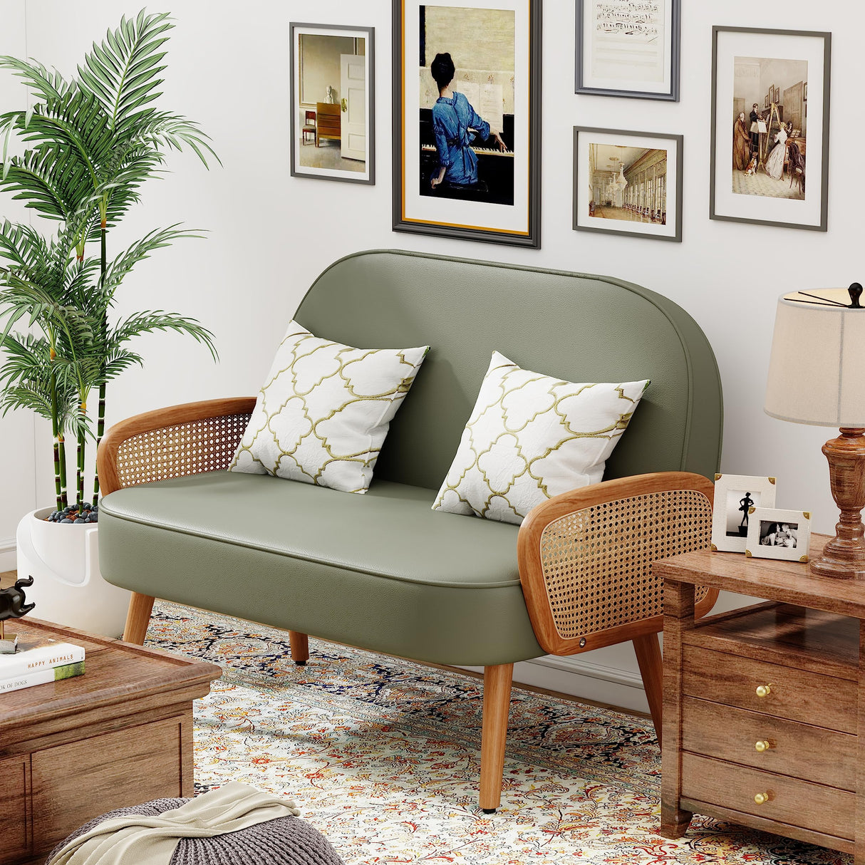 Aklaus 45" W Faux Leather Small loveseat with Natural Rattan Arms,Upholstered Modern Mini Sofa Couch Love Seat Settee Bench with Back for Living Room Bedroom Office Small Space Entryway Green Aklaus
