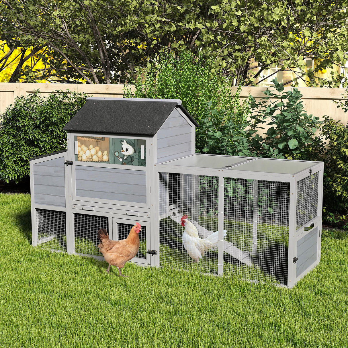 COZIWOW 82" Large Wooden Chicken Coop, Outdoor Rabbit Hutch with Wheels, Sunshine Board, Asphalt Roof, Ramp, Openable Top, Door, Window, Pull-Out Tray, Indoor Bunny Cage (Gray with Pattern) COZIWOW