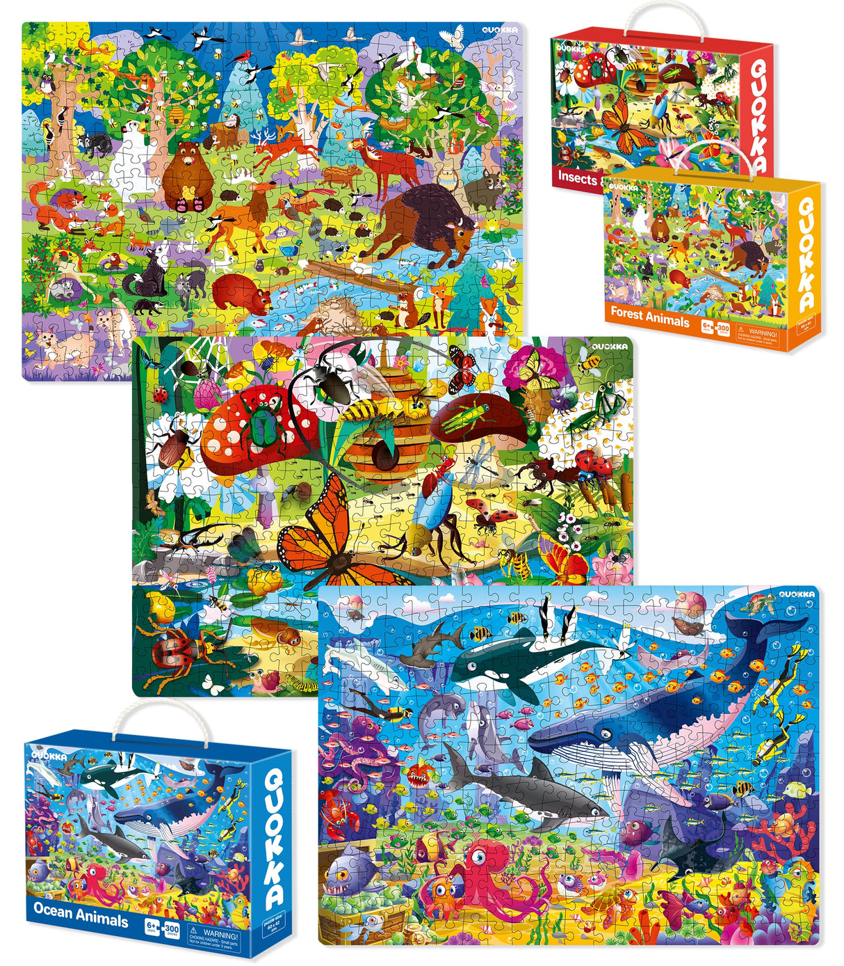 QUOKKA 300 Pieces Puzzles for Kids Ages 8-10 - 3X Set Floor Jigsaw Puzzles - Toy for Learning Ocean & Vimel & Bugs for 10-12 Year Old – Jigsaw Educational Game Gift for Boys and Girls QUOKKA