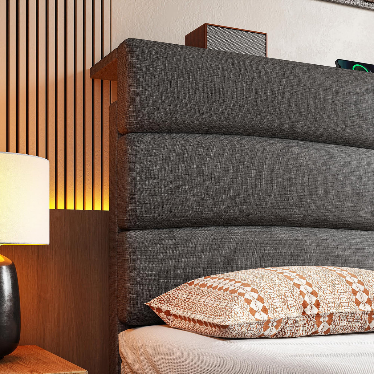 EnHomee King Size Bed Frame with Fabric Upholstered Headboard, King Bed Frame with Storage Headboard and Charging Station, Wooden Slats Support, No Noise, No Box Spring Needed, Easy Assembly, Grey EnHomee