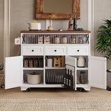 Farmhouse Kitchen Island with Beaded Drape, Rolling Kitchen Storage Cart on Wheels with Drop Leaf and Power Outlet, 3 Doors, 3 Drawers and Adjustable Shelves and Internal Storage for Dining Room MEETFAV