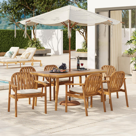 Christopher Knight Home Meja Acacia Wood Outdoor Dining Set for 6, Wooden 7 Piece Patio Dining Table Set, Wooden Outdoor Dining Armchair and Table Set with Cushion, Patio Furniture Set, Teak+Beige Christopher Knight Home