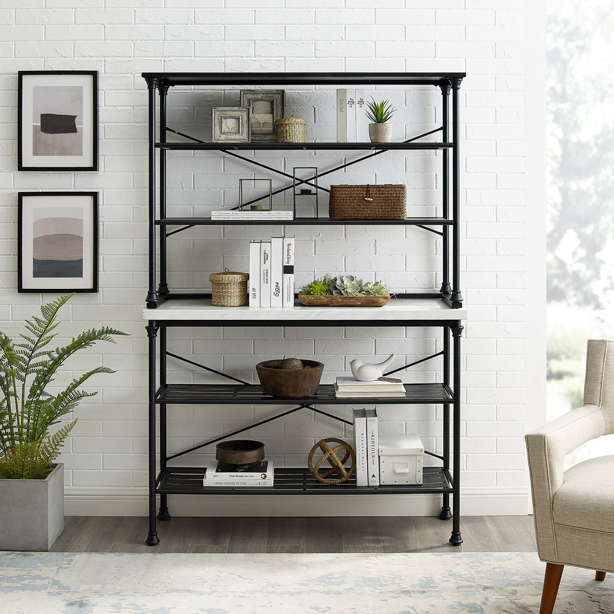 Crosley Furniture Madeleine Baker's Rack with Shelves for Storage, Microwave Stand, Coffee Bar, Steel with Faux Marble Top Crosley Furniture