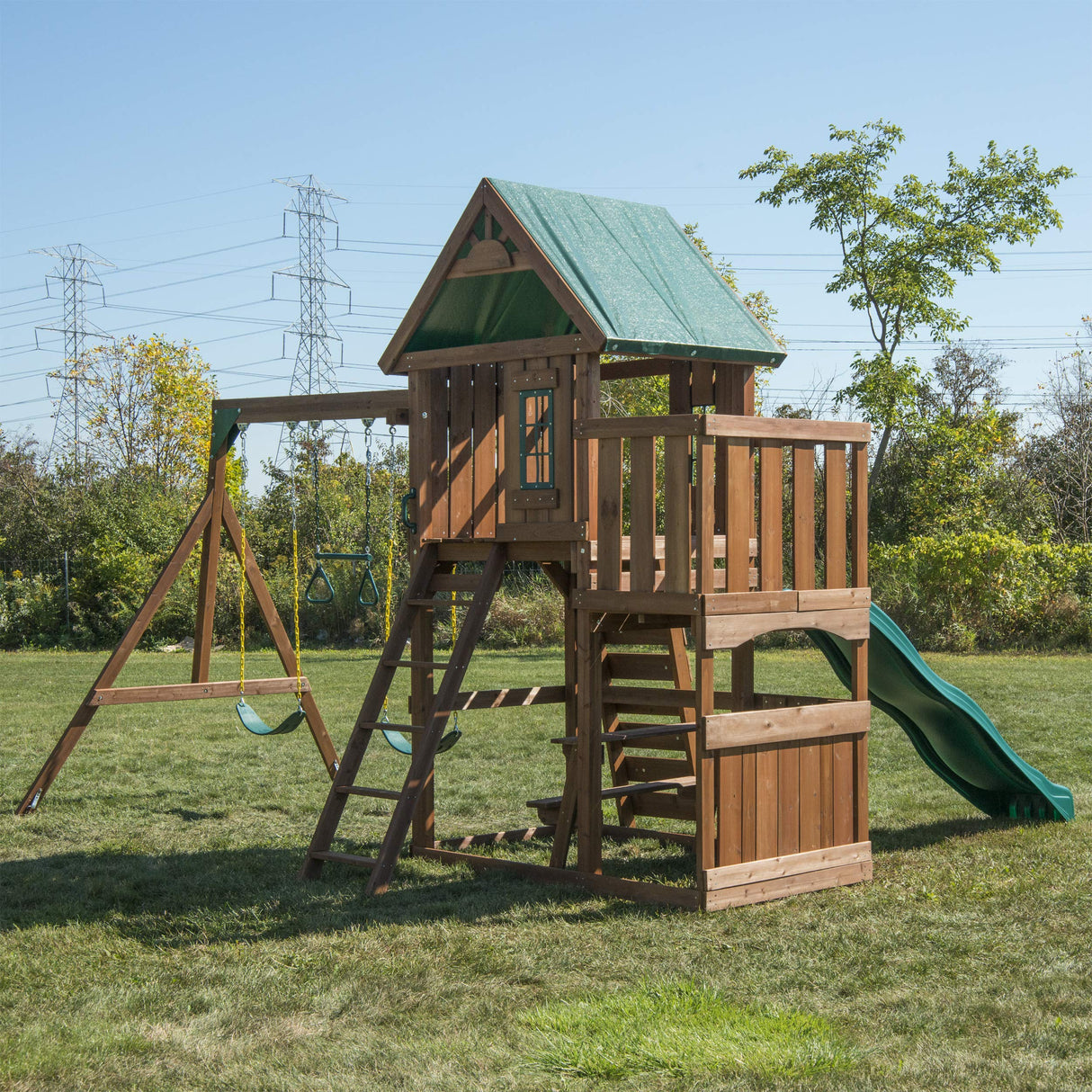 Swing-N-Slide WS 8357 Elkhorn Swing Set with Slide, Climbing Wall & Swings, Wood Swing-N-Slide