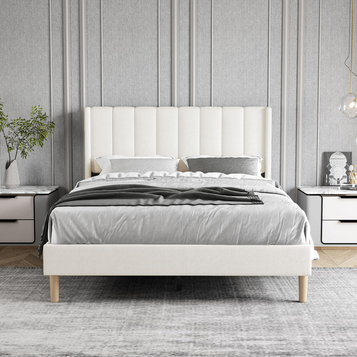 Zoophyter Upholstered Platform Bed Frame Full Size with Headboard,Strong Wooden Slats Support No Box Spring Needed Easy Assembly Beige Velvet Zoophyter