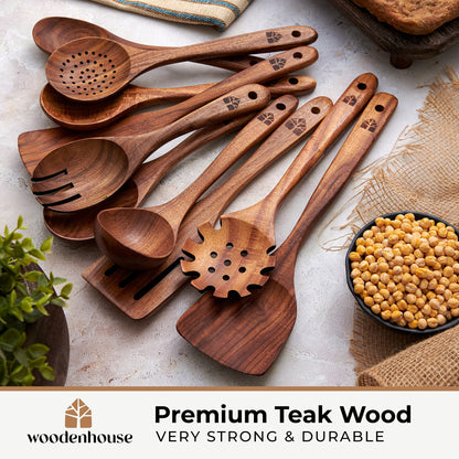 Wooden Spoons for Cooking, 10 Pcs Wooden Cooking Utensils Set – Wooden Utensil Set for Nonstick Pans & Cookware – Teak Wood - Sturdy, Lightweight & Heat Resistant - WoodArtSupply