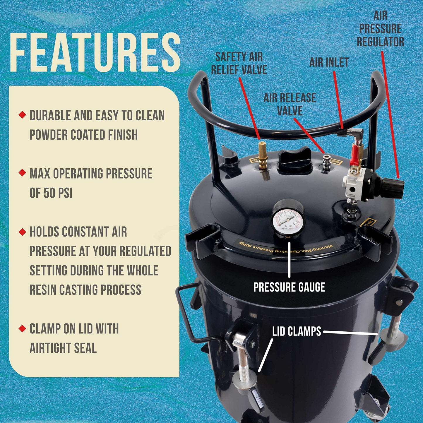 TCP Global 5 Gallon (20 Liters) Pressure Pot Tank for Resin Casting - Heavy Duty Powder Coated Pot with Air Tight Clamp On Lid, Caster Wheels, Regulator, Gauge - Use for Curing Resin in Casti - WoodArtSupply