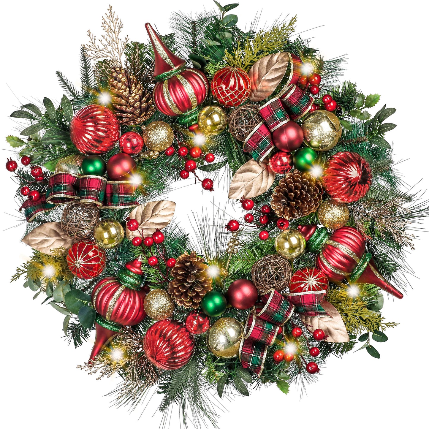 Valery Madelyn Pre-Lit Christmas Wreath for Front Door with Lights, 30 Inch Large Lighted Christmas Wreath with Red Green Gold Xmas Ball Ribbon for Fireplace Window Table Centerpiece Decoration