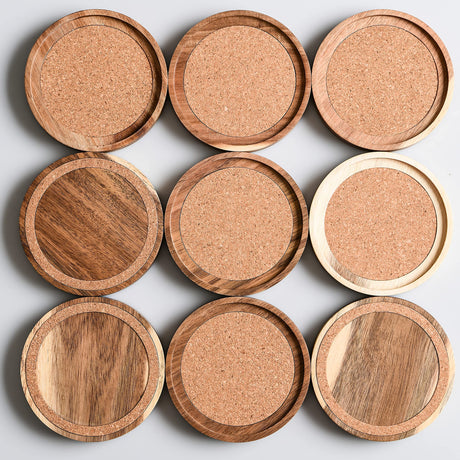 Acacia Wood Coasters for Drinks, 4.13 Inch, Set of 6, Absorbent and Insulation Cork Stackable Cup Holders, Rustic Coasters for Wooden Table, Designed by S1EGAN S1EGAN