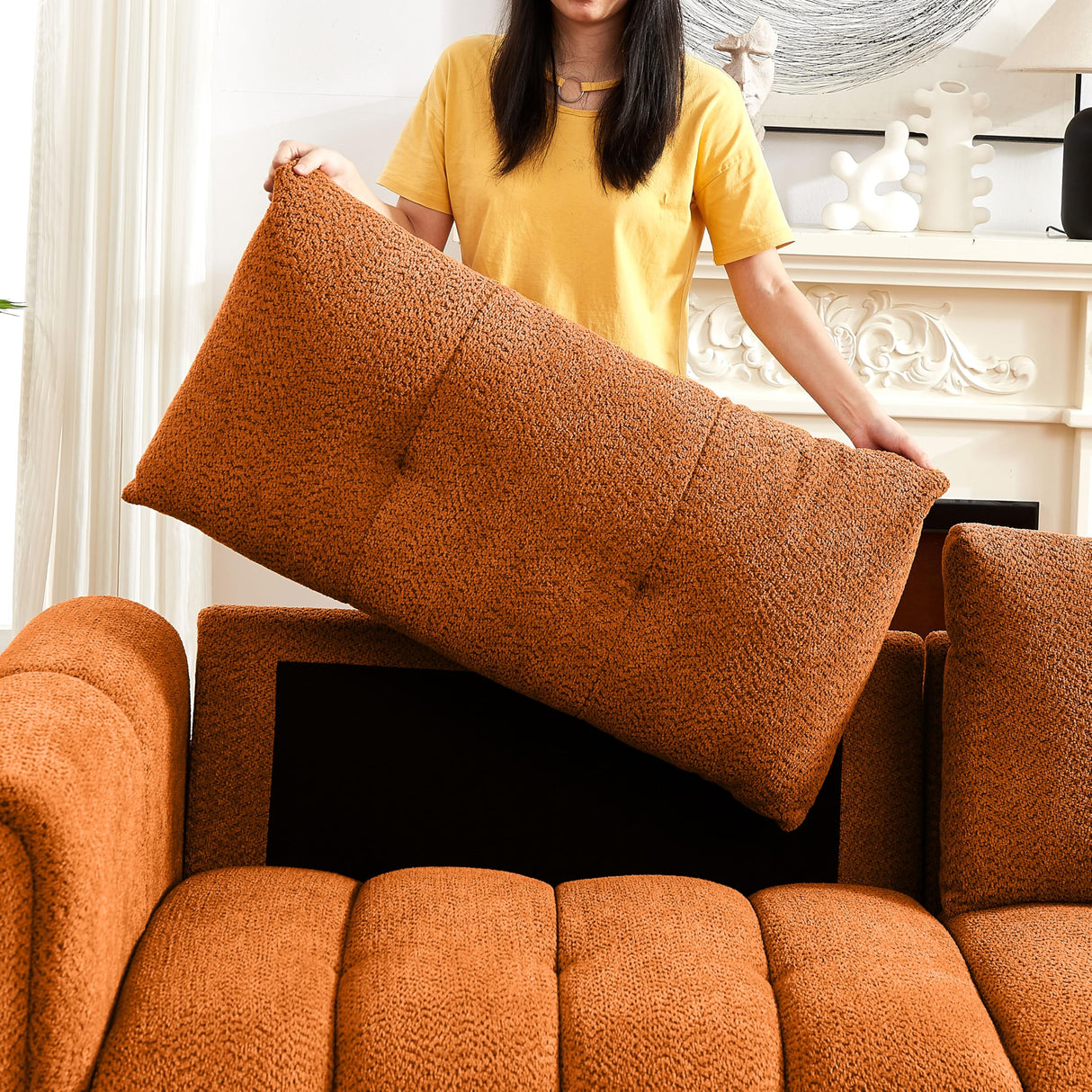 91.5" Modern Boucle Sofa with Deep Seat, 3 Seater Comfy Sherpa Cloud Couch, Oversized Loveseat Mid-Century Modern Tufted Couches for Living Room Apartment Lounge, Orange Elevyoliv