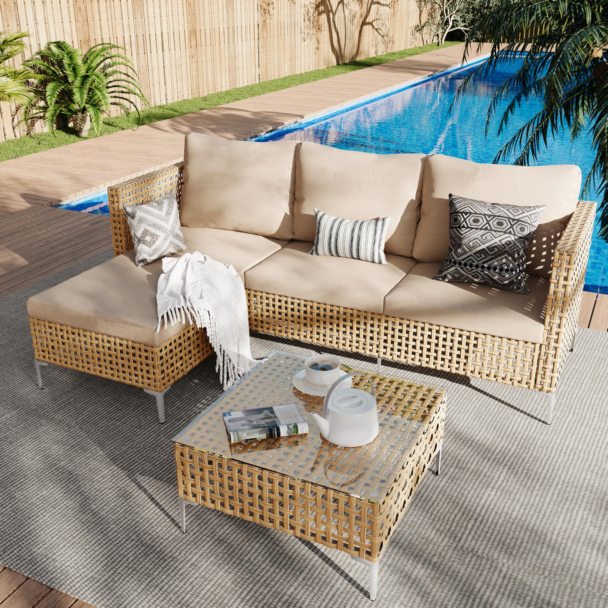 Ophelian 3 Piece Outdoor Furniture Set, Apartment Patio Sectional Furniture, Patio Chaise Sofa Sets with All Weather Manual Rattan, Perfect for Balcony, Porch, Lawn, Backyard (Yellow/Beige) Ophelian
