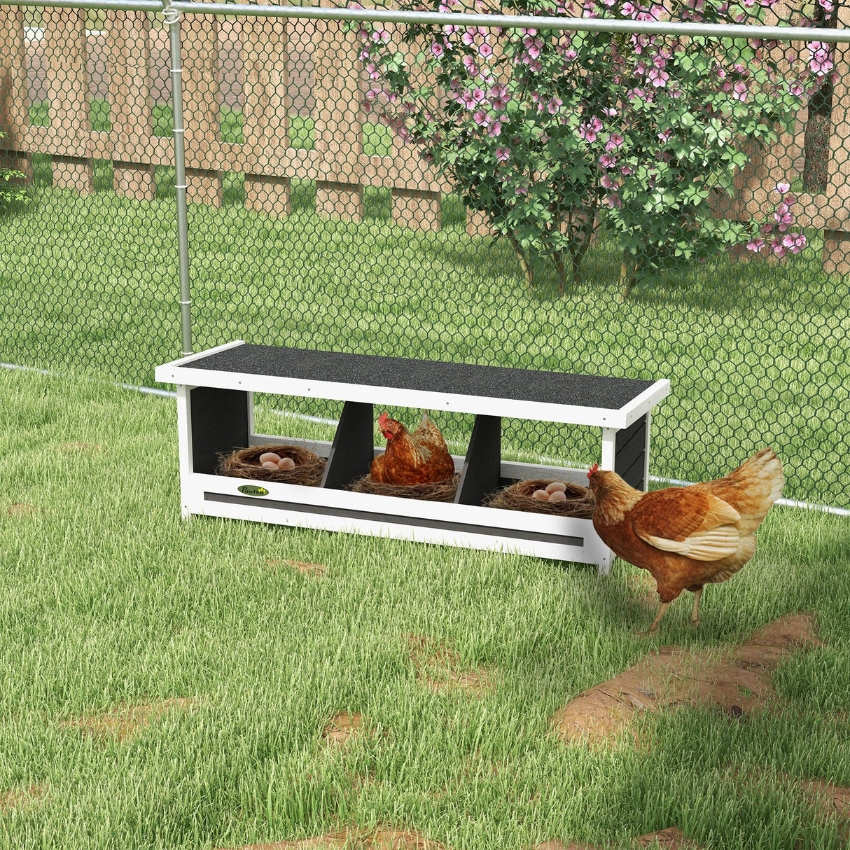 PawHut Wood Chicken Nesting Box, 3 Hole Chicken Boxes for Laying Eggs, Chicken Coop Nesting Box with Asphalt Roof for Indoor or Outdoor, Fits Up to 3 Hens, Gray PawHut