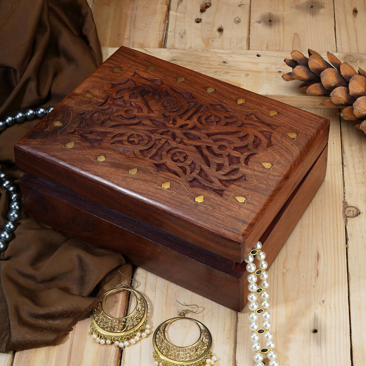 Ajuny Wooden Hand Carved Decorative Treasure Chest Trinket Jewelry Box Large Celtic Design Multipurpose Use Necklaces Watch Storage Organizer keepsake Holder Great for Gifts - 9x7 Inch Ajuny