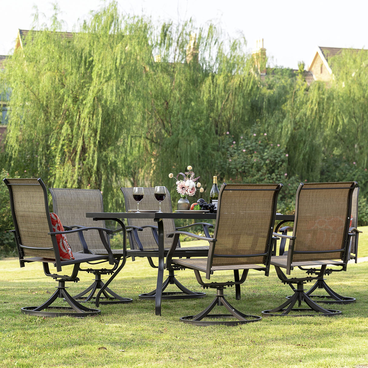 NUU GARDEN 7 Piece Outdoor Dining Set, 6 Swivel Patio Chairs and 1 Dining Table with 1.57 Inch Umbrella Hole, Iron Patio Furniture Set for Lawn Backyard Balcony, Black and Brown NUU GARDEN